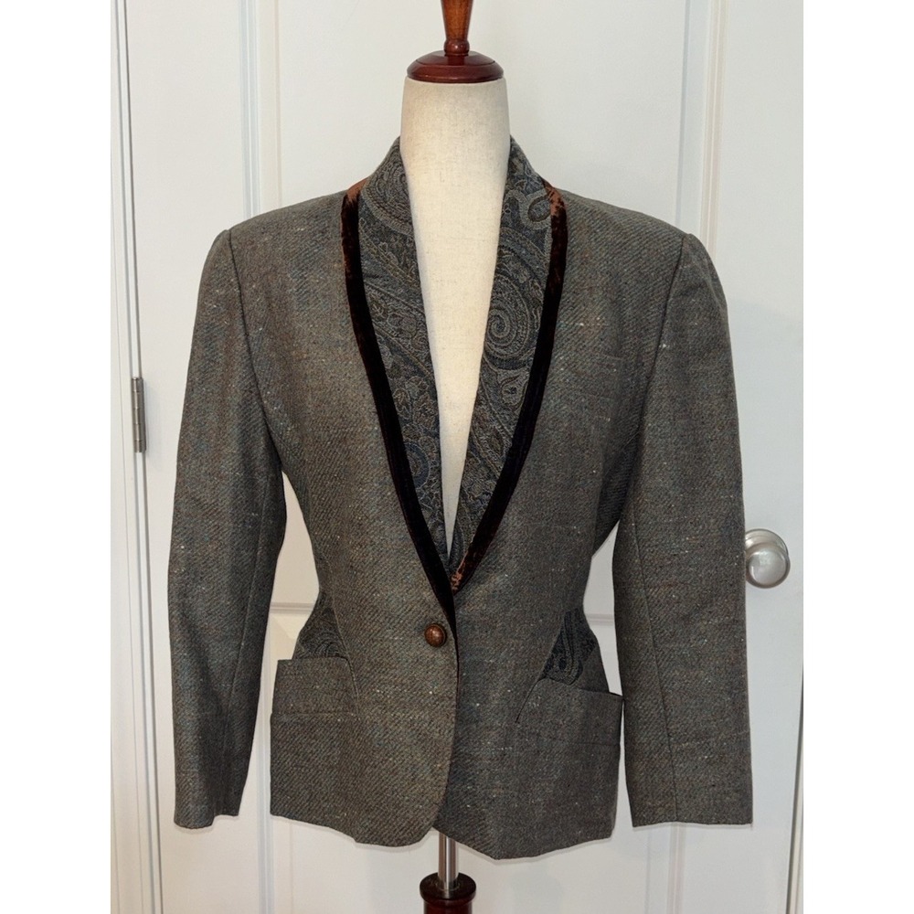 Barbara Bui Kabuki Paris 100% Wool Blazer Tweed Paisley Velvet France Sz M 8/10